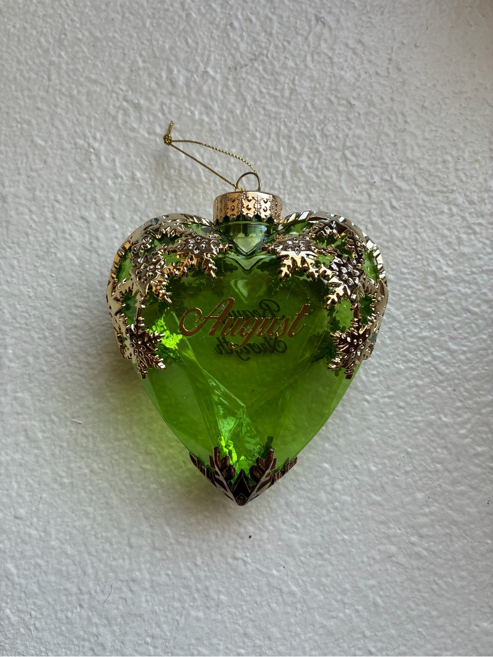 HOLIDAY TIME August Peridot Green Heart-Shaped Birthstone Ornament Gold Highligh